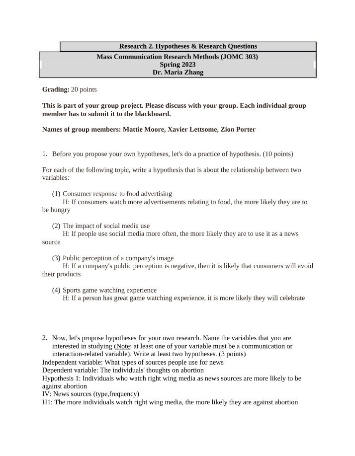 Hypotheses and Research Questions
