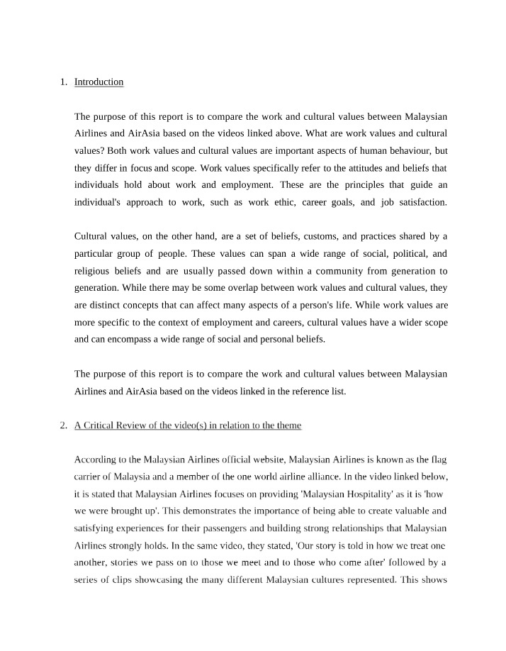 Work and Cultural Values - Malaysian Airlines vs AirAsia