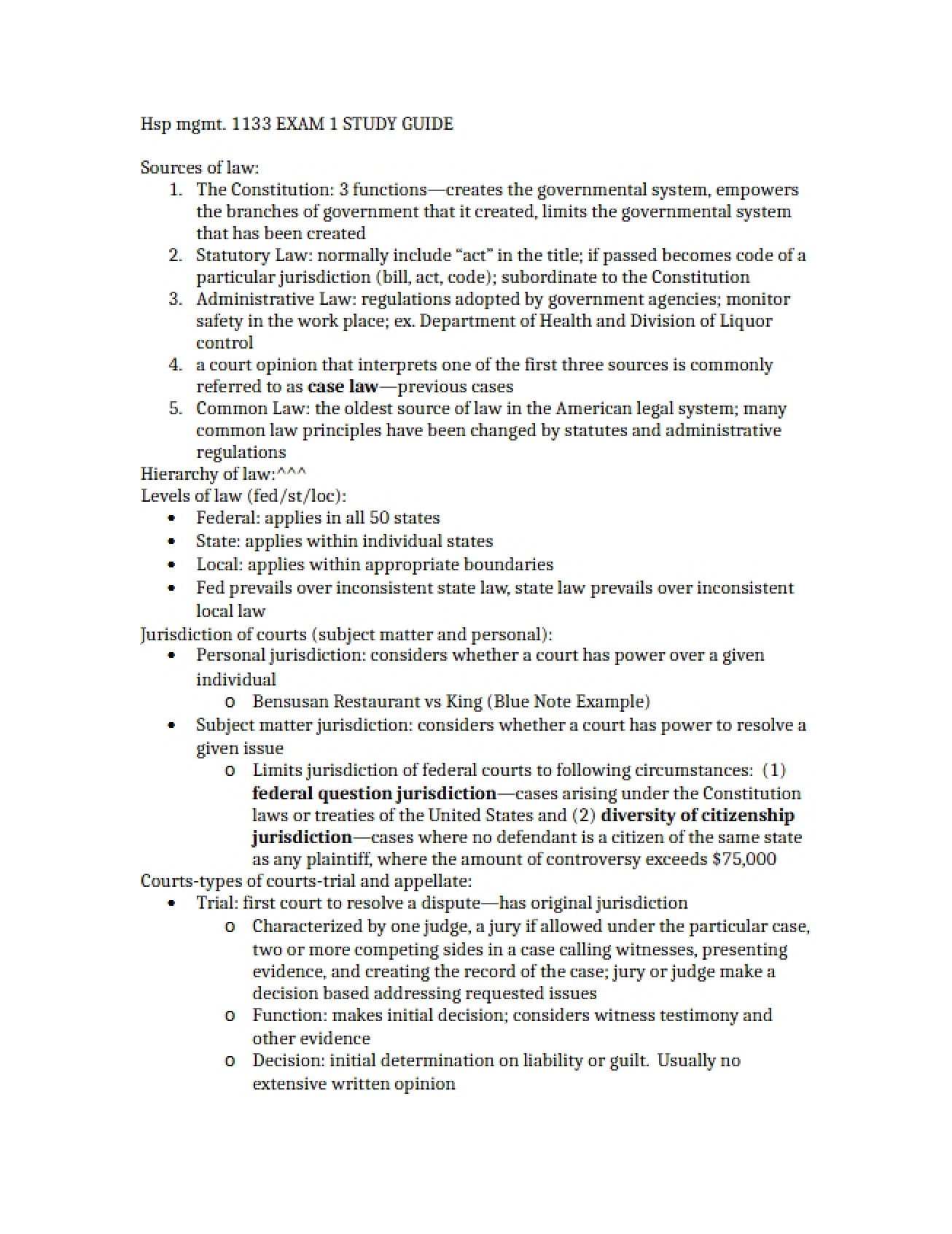 Review Guide for First Hospitality Management Exam
