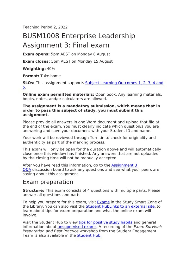 Enterprise Leadership - Assignment 3 Final Exam