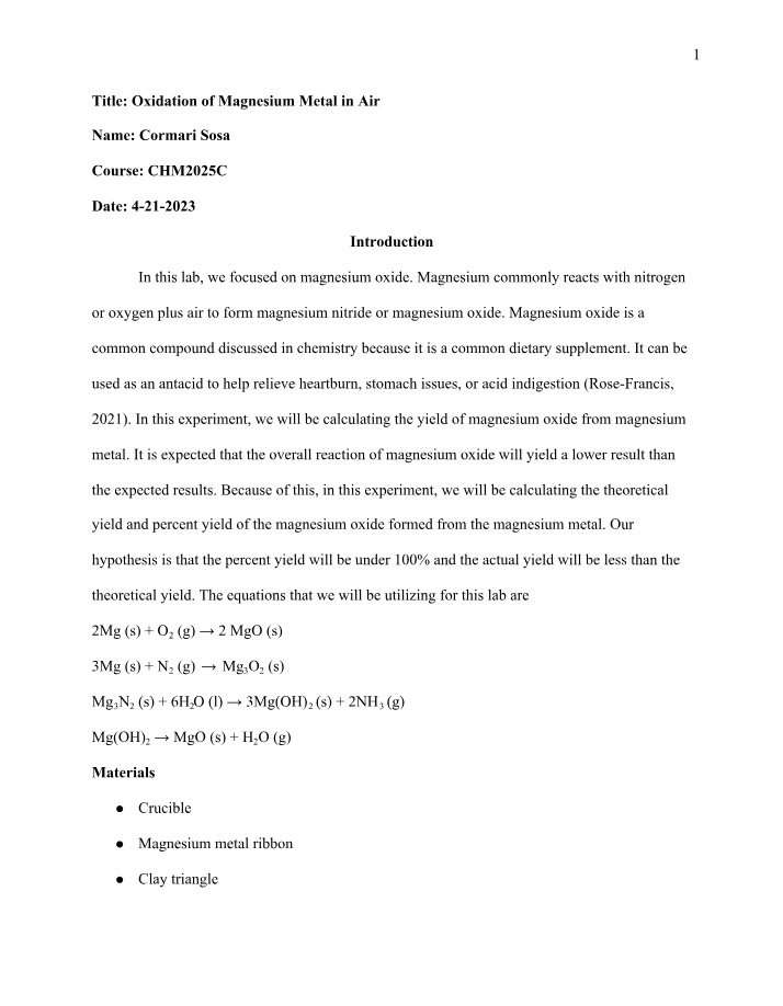 Lab Report - Oxidation of Magnesium Metal in Air