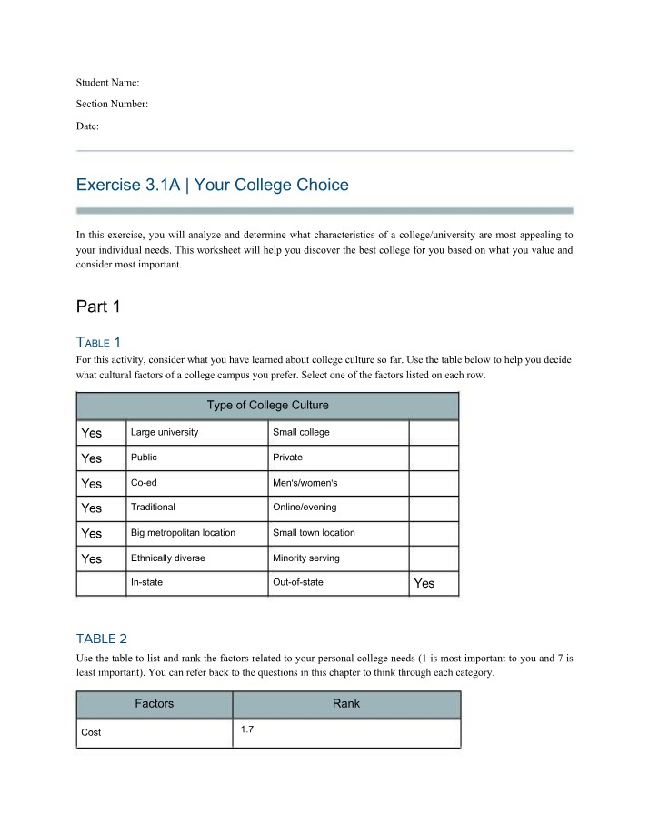 Your College Choice Worksheet Exercise 3.1A Draft