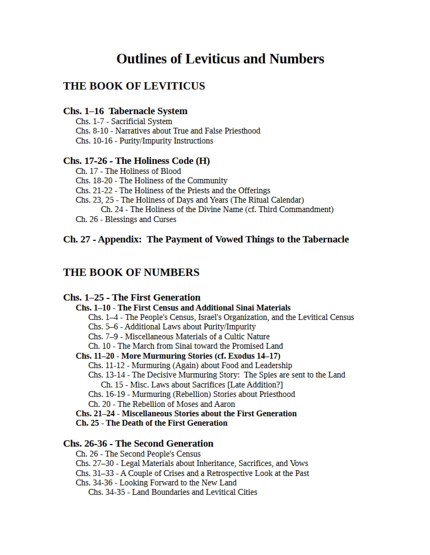 Numbers and Leviticus Outlines