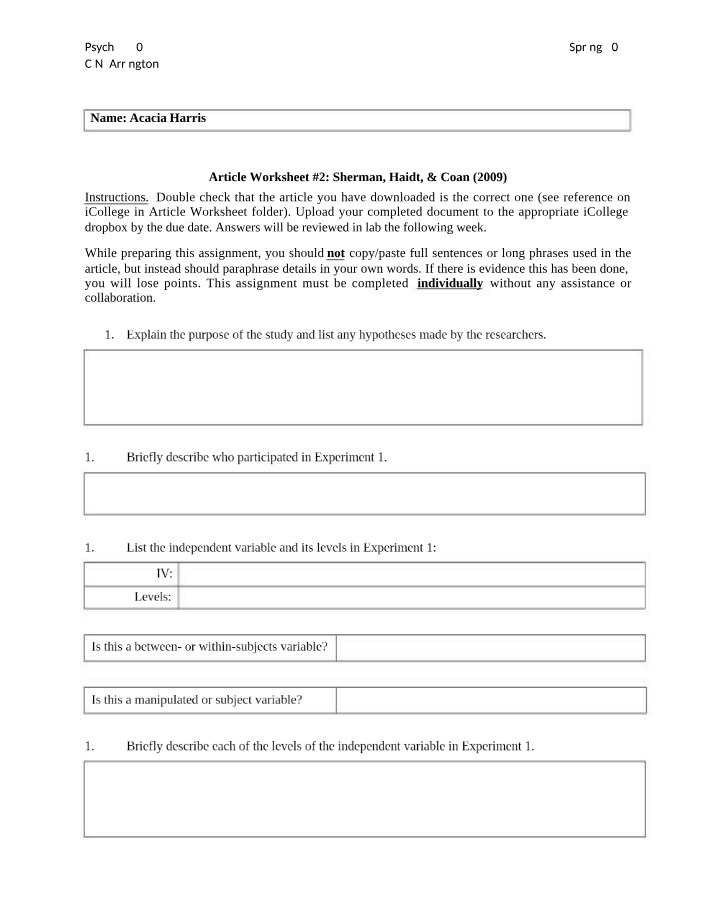 Sherman, Haidt, & Coan (2009) - Article Worksheet 2