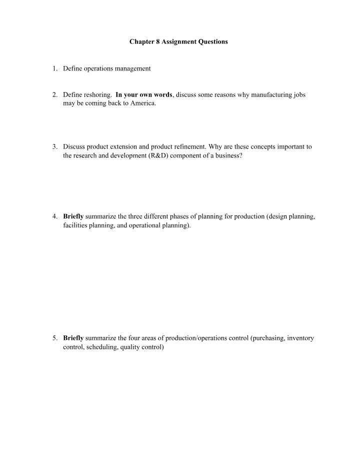Assignment Questions for Chapter 8