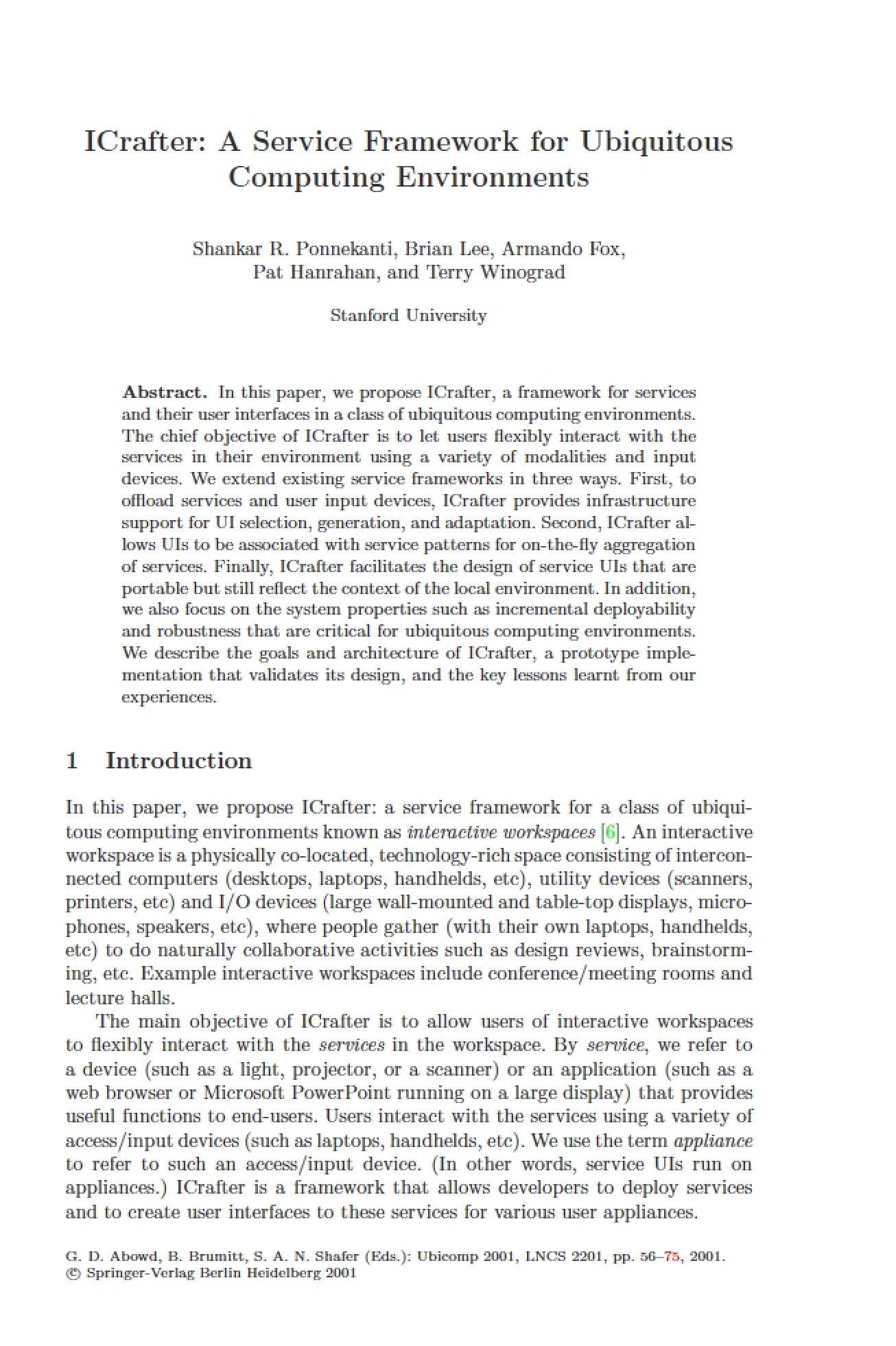 Ubiquitous Computing Environments Service Framework - ICrafter