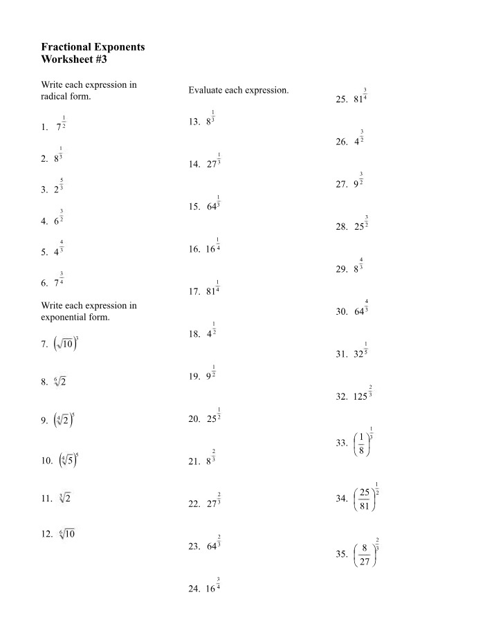 Worksheet 3 - Fractional Exponents