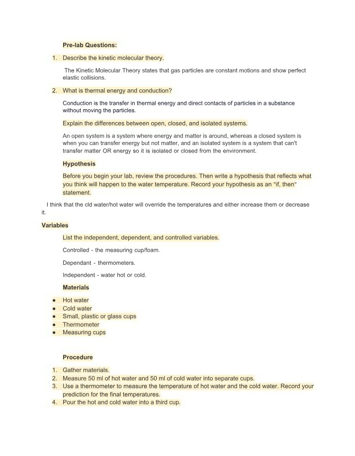 Kinetic Molecular Theory and Thermal Energy
