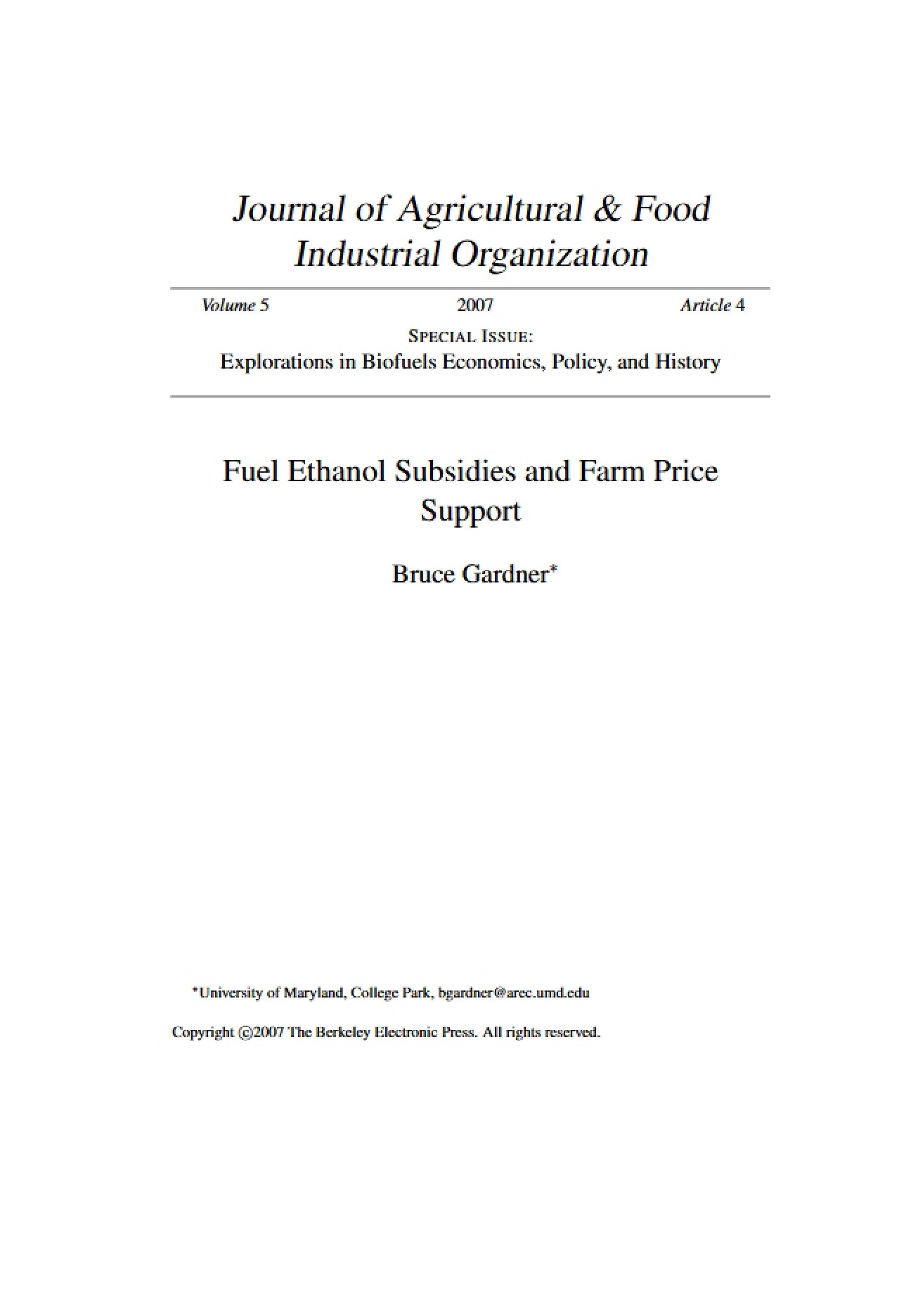 Analysis of Farm Price Support and Fuel Ethanol Subsidies
