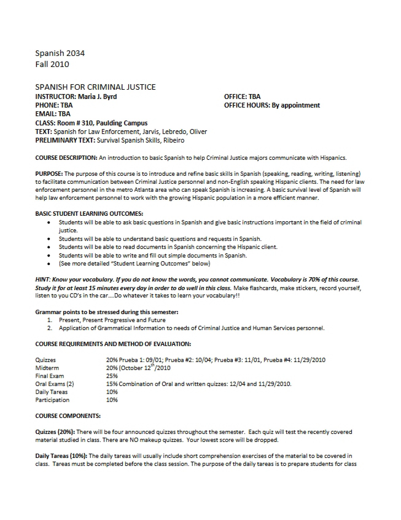 Syllabus for SPAN 2034 Course