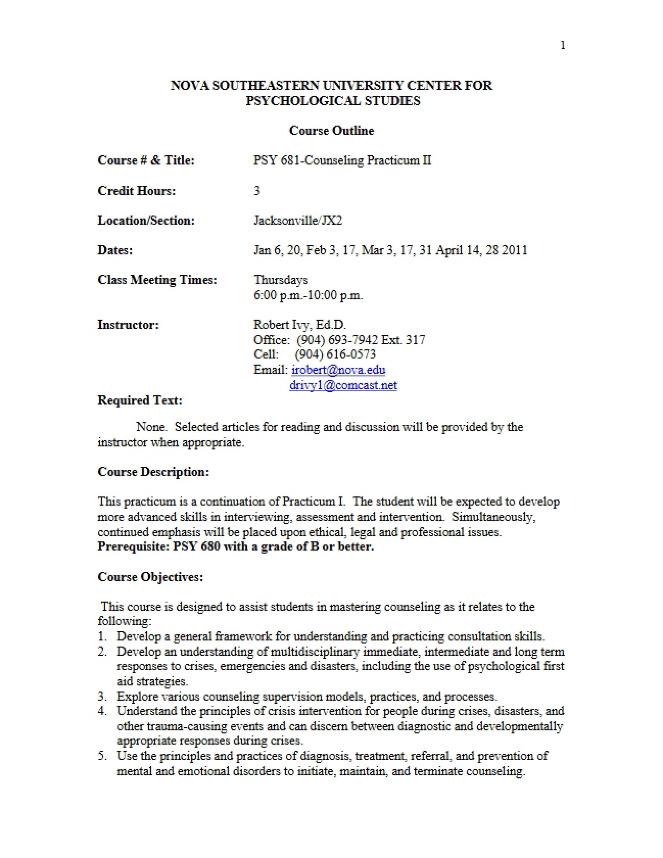 Syllabus for Counseling Practicum Two