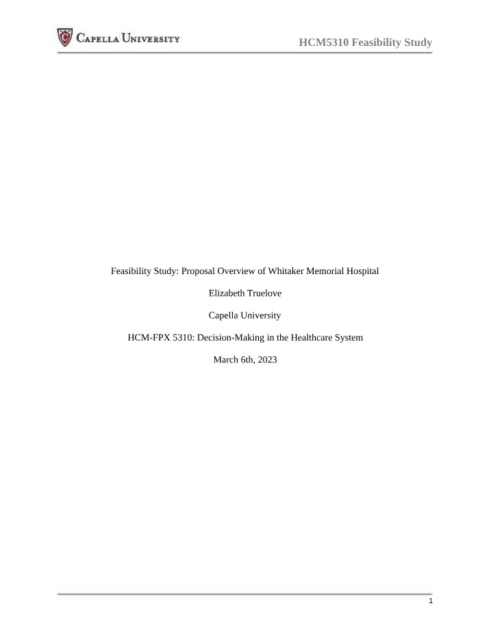 Whitaker Memorial Hospital - Feasibility Study Overview
