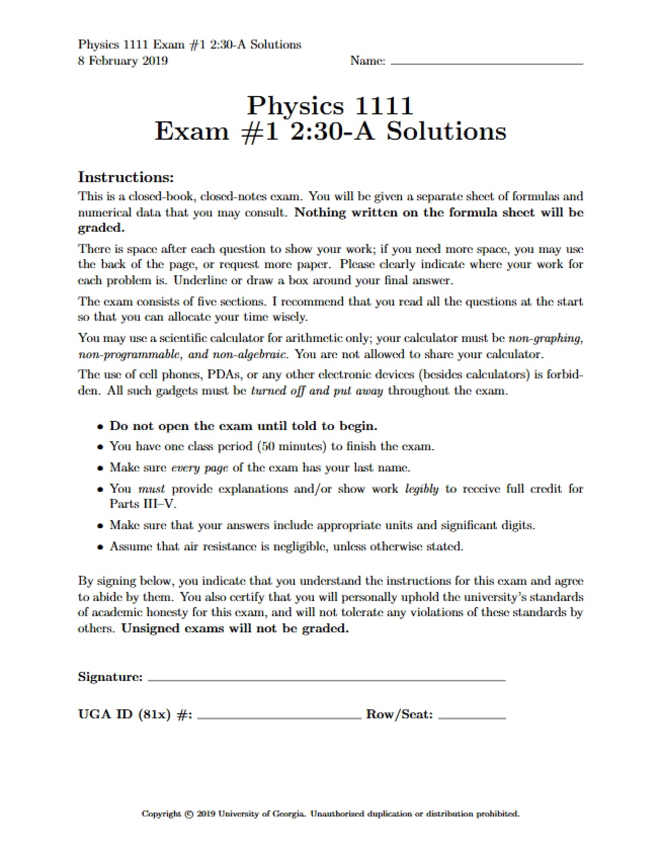 First Physics 1111 Examination