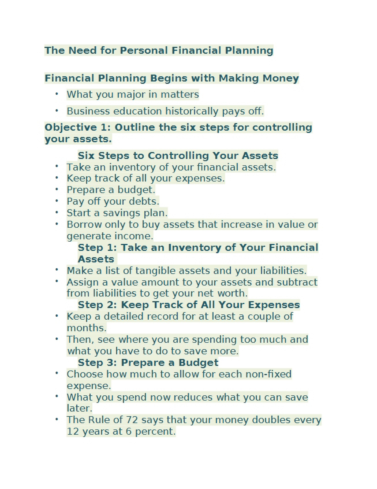 Personal Financial Planning Requirements