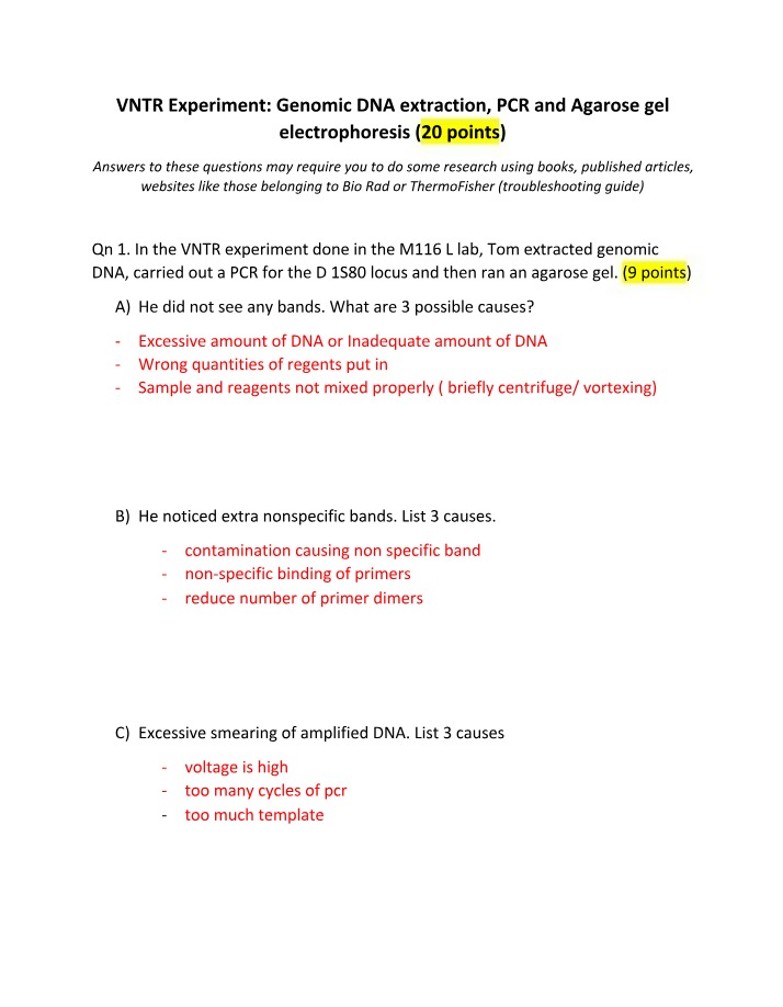 Worksheet - VNTR Genome Extraction, PCR, and Gel
