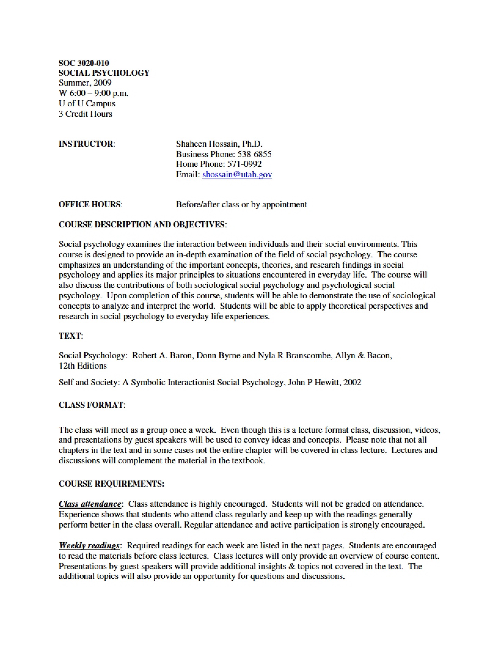 Class Syllabus Social Psychology