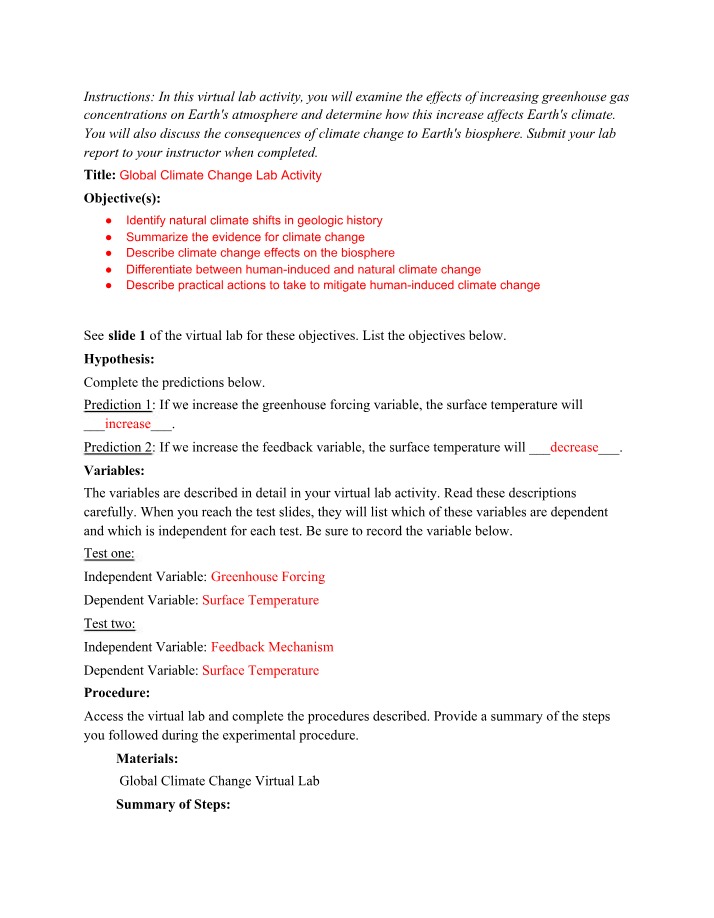 Virtual Lab Activity and Reflection on Global Climate Change