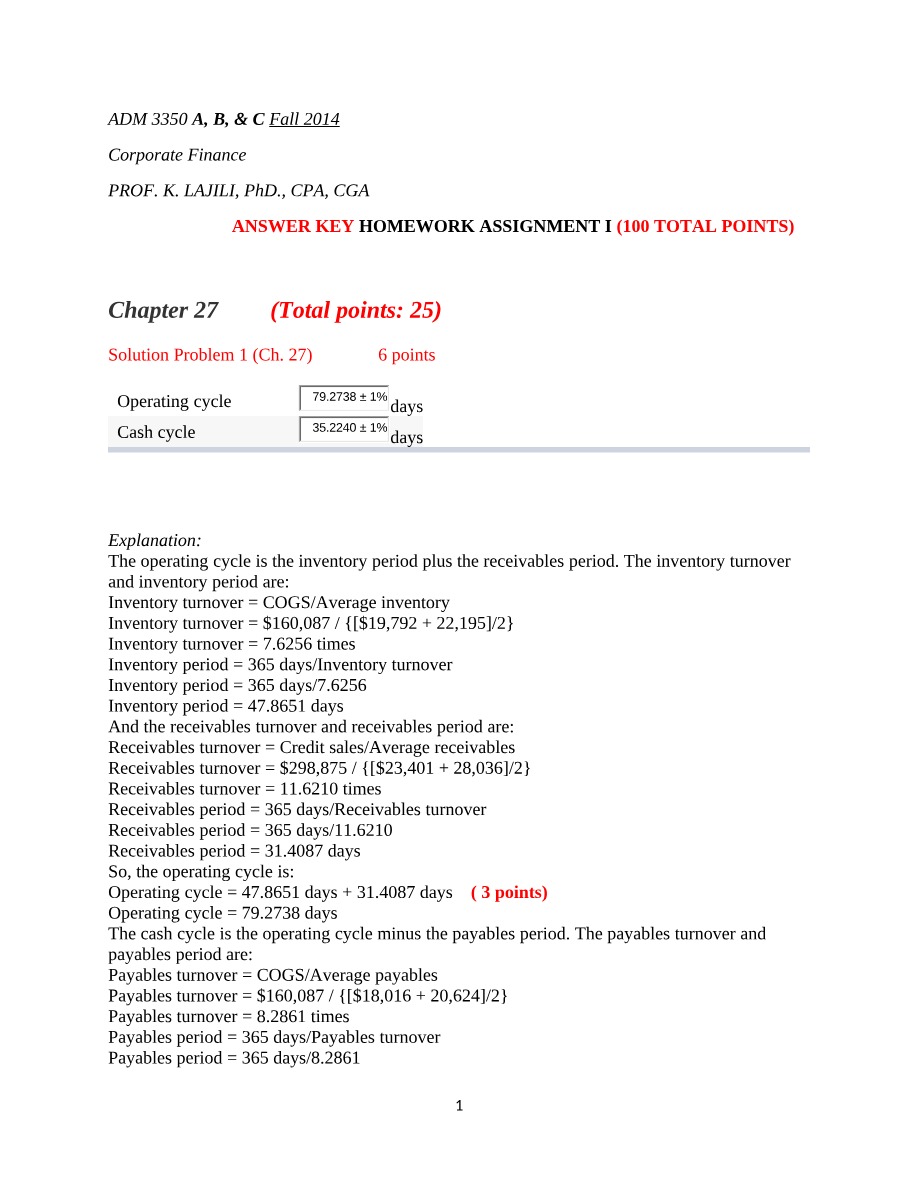 Homework Assignment I Answer Key - Fall 2014 ADM 3350