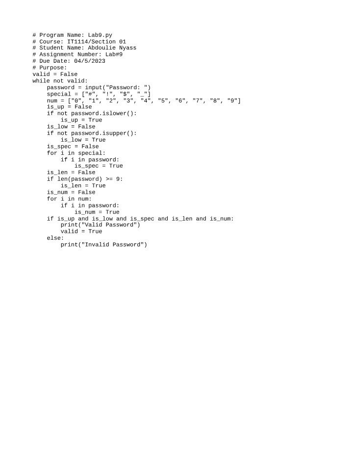 Password Validation Python Code - Lab 9