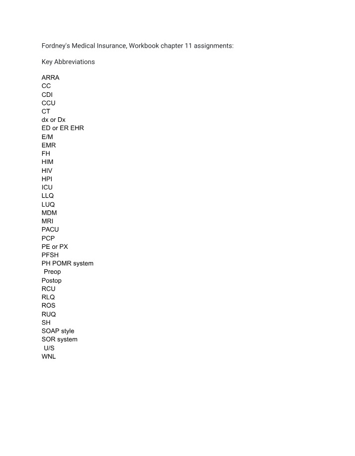 Chapter 11 Key Abbreviations - Fordney's Medical Insurance Workbook