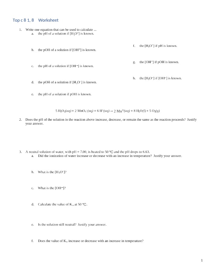 Worksheet - pH Calculations and Strong Acids-Bases Reactions