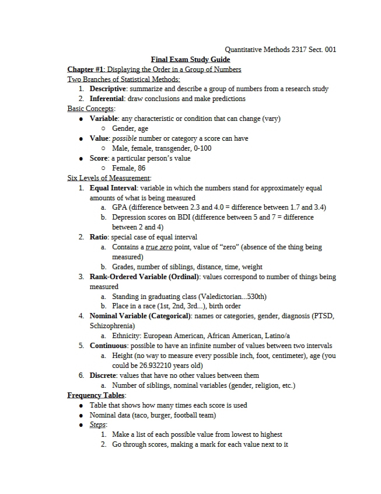 Study Guide for Quantitative Methods Final