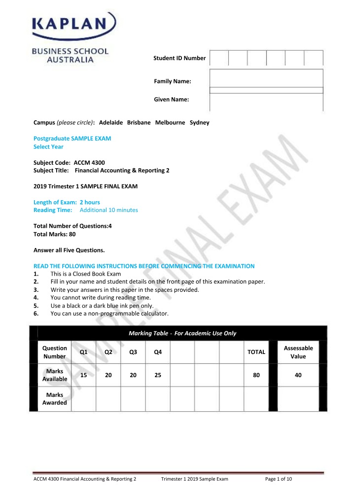 Sample Exam - ACCM 4300 Financial Accounting & Reporting 2 (T1 2019)