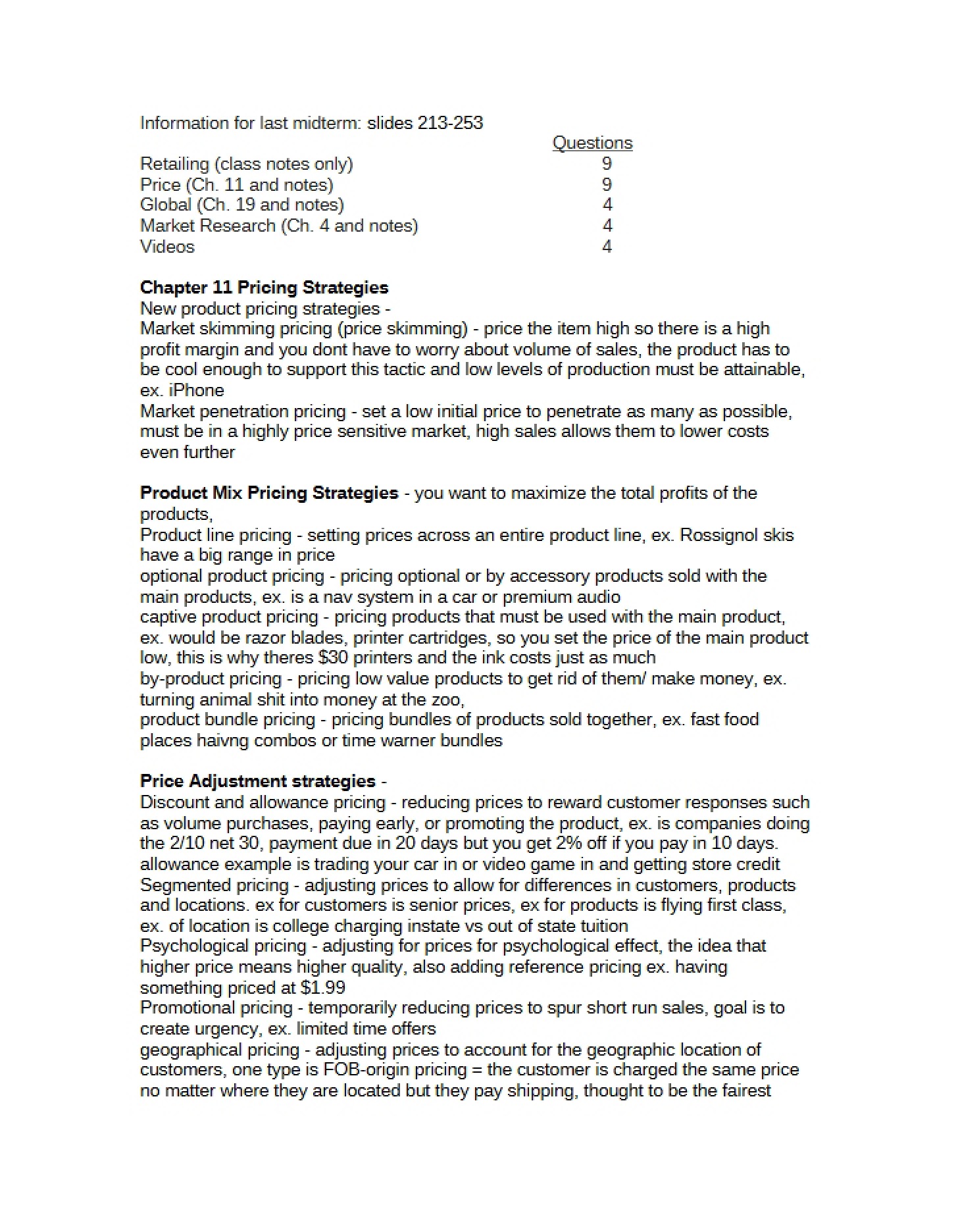 Strategies for Pricing (Ch 11)