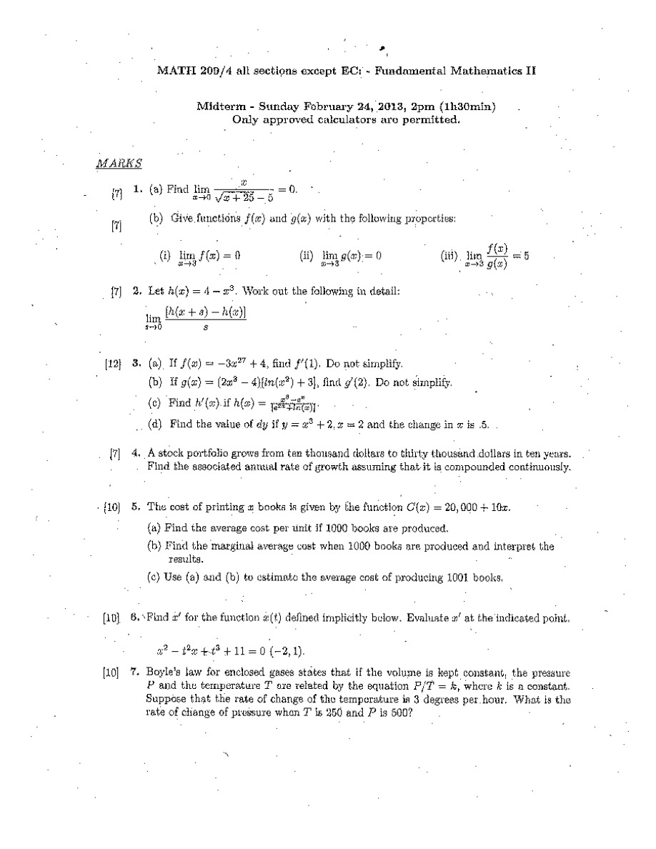 Midterm Exam for MATH209-4 (Fundamental Mathematics II), Winter 2013