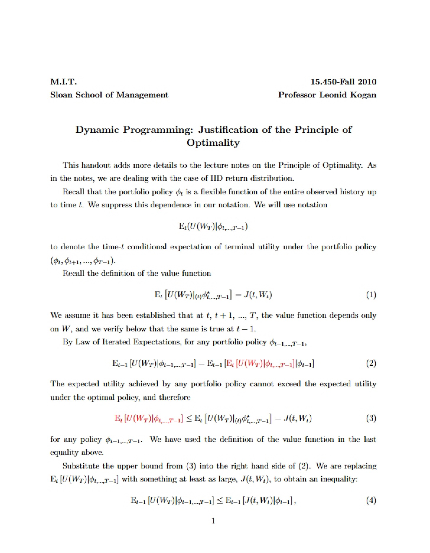 Optimality Principle Justification Dynamic Programming