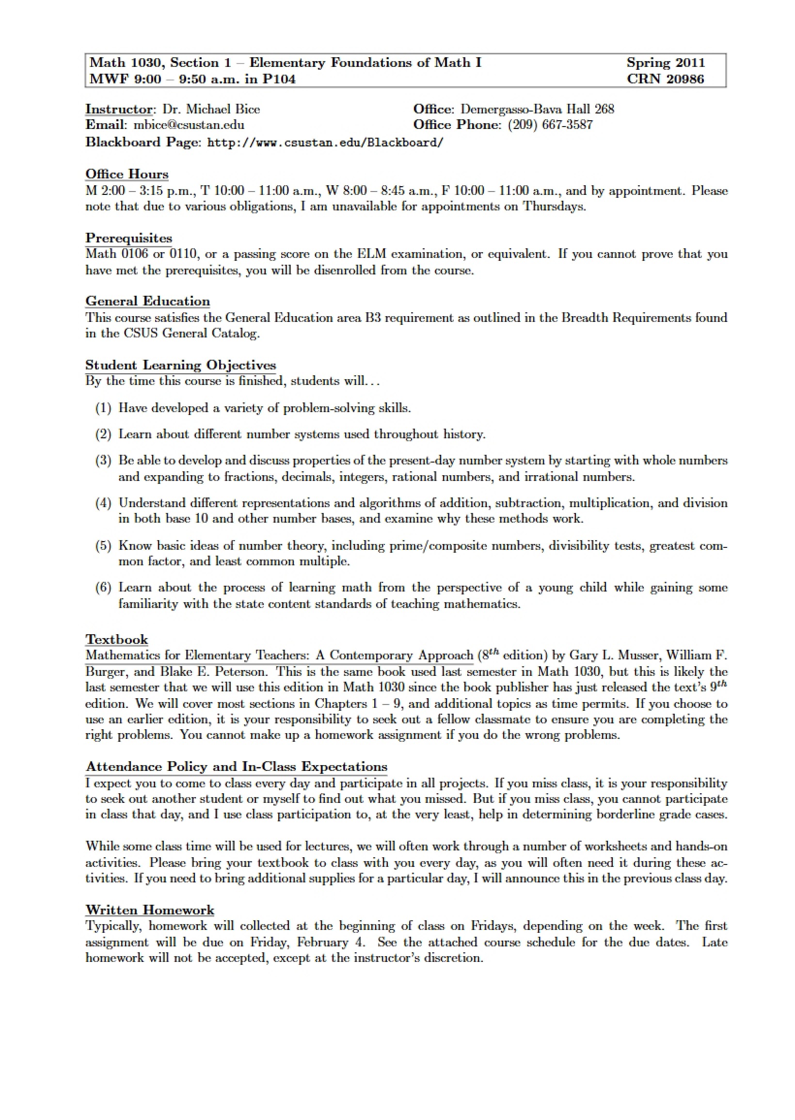 Elementary Foundations of Mathematics I Syllabus