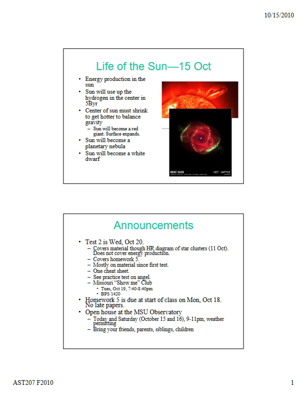 Astronomy Science Lecture Oct 15