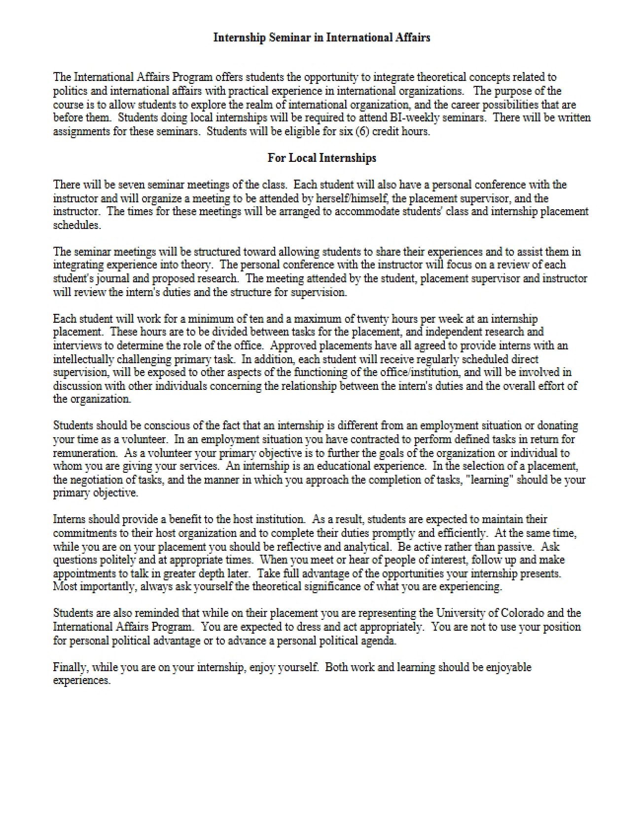 Syllabus for Internship in International Affairs