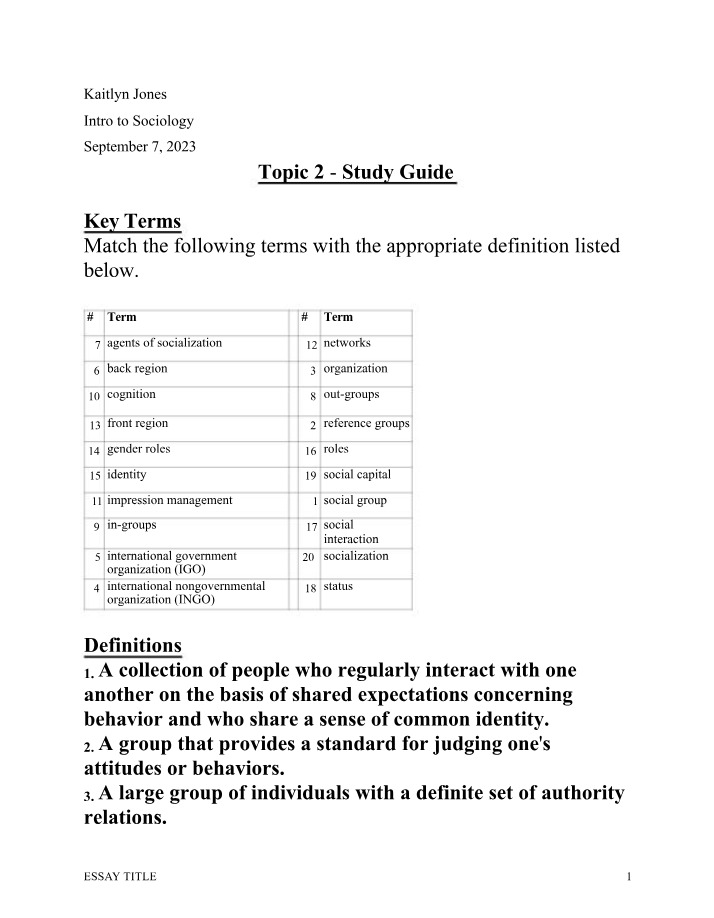 Key Terms and Definitions for Sociology Study Guide