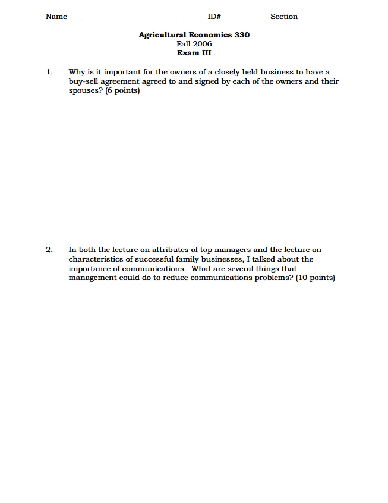 Examination for Section 306 of Financial Management in Agriculture