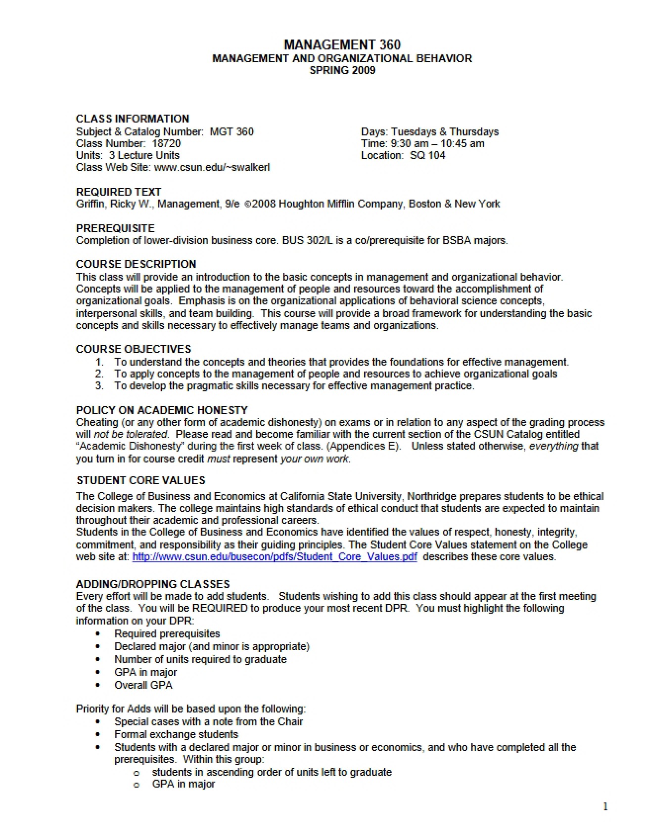 Management and Org Behavior Syllabus