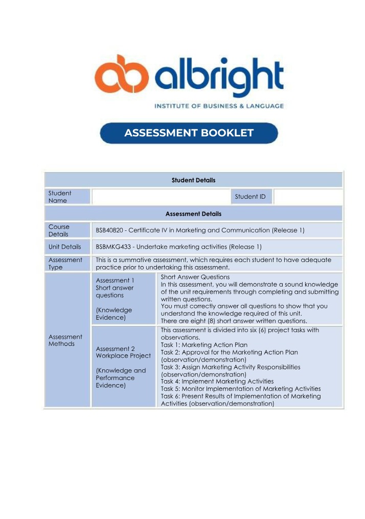 Undertake Marketing Activities Project and Assessment Booklet