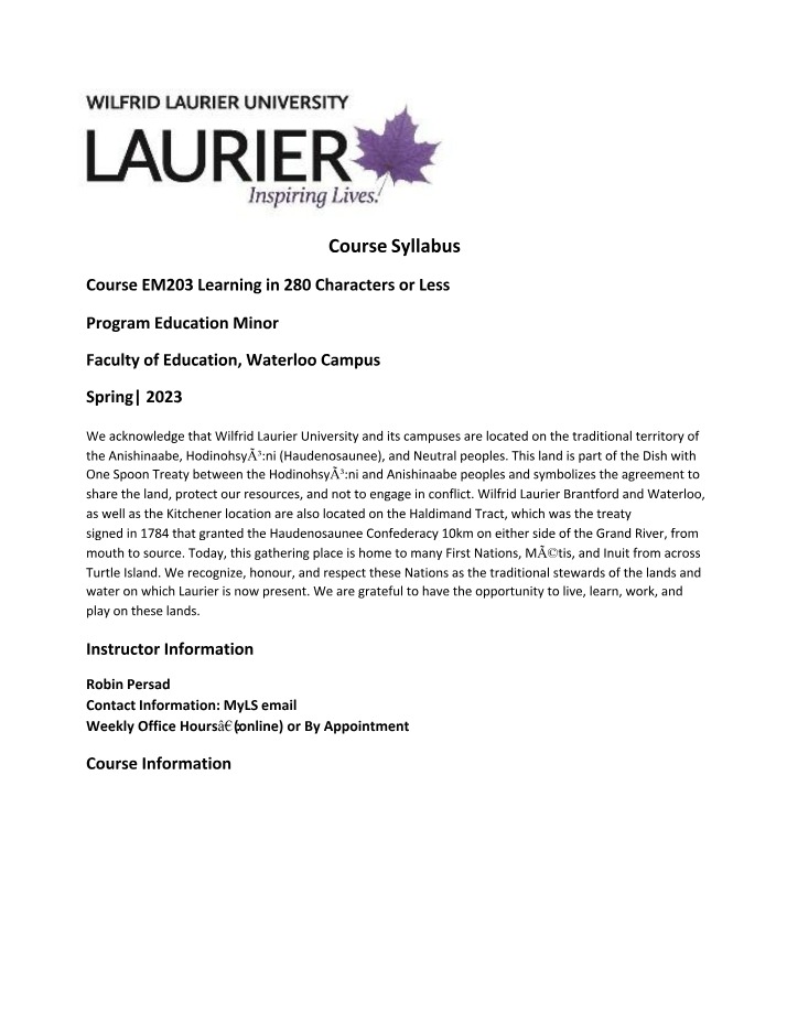 Learning in 280 Characters or Less - EM 203 Course Syllabus