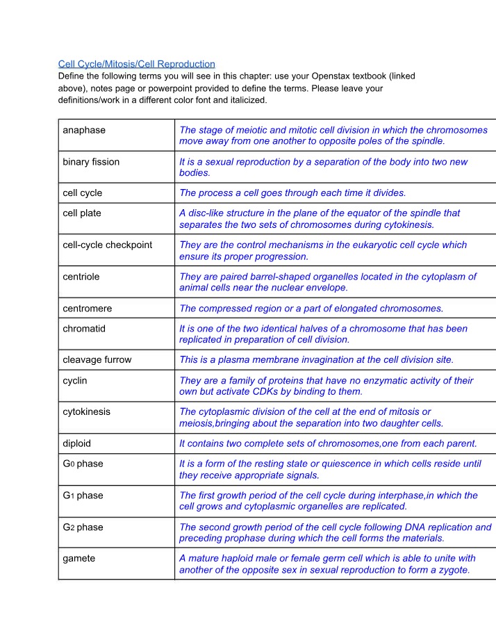 Key for Cell Cycle, Mitosis, and Cell Reproduction