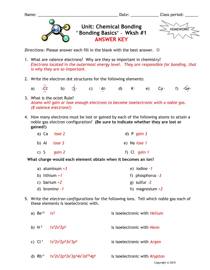 Wksh 1 Answer Key - Basics of Bonding