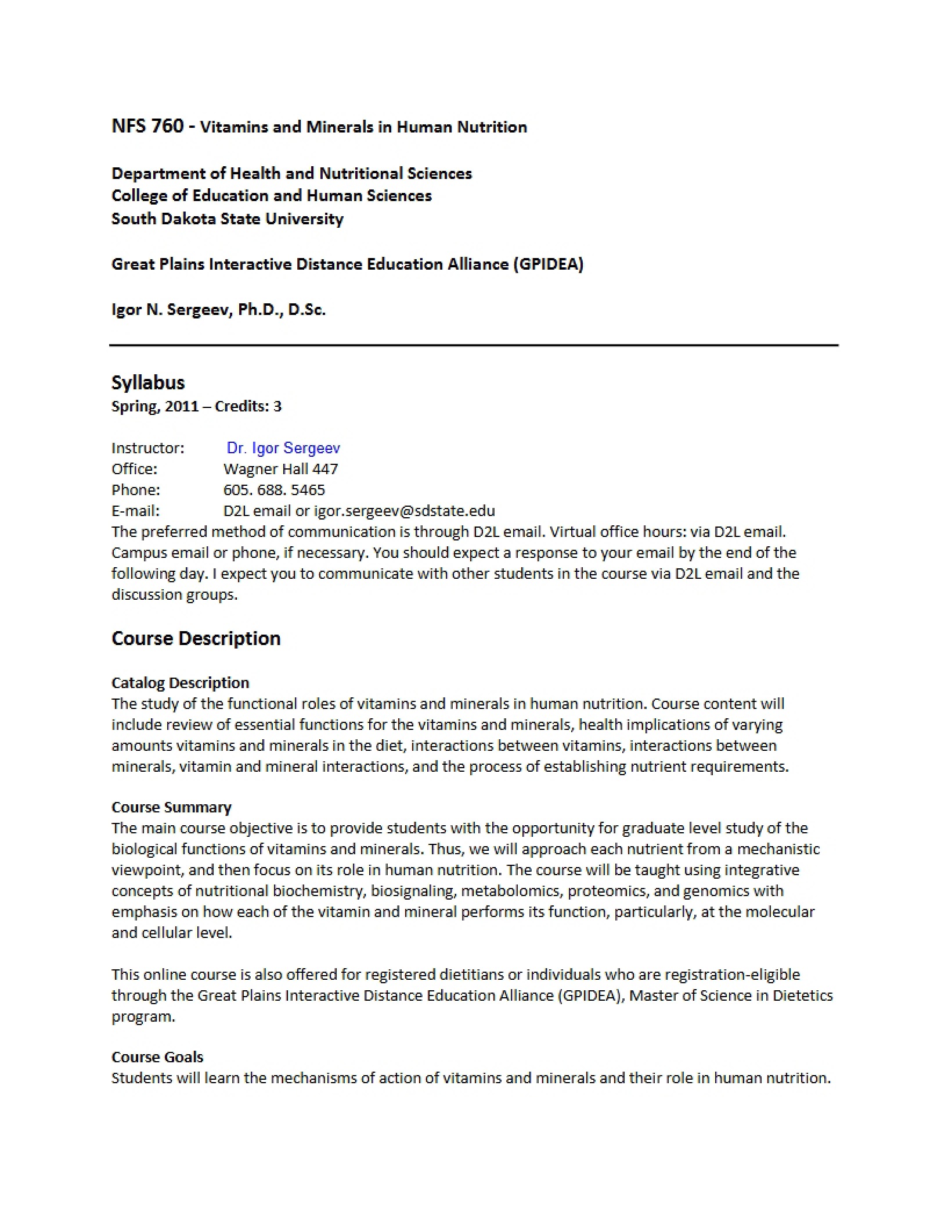 Vitamins & Minerals Syllabus