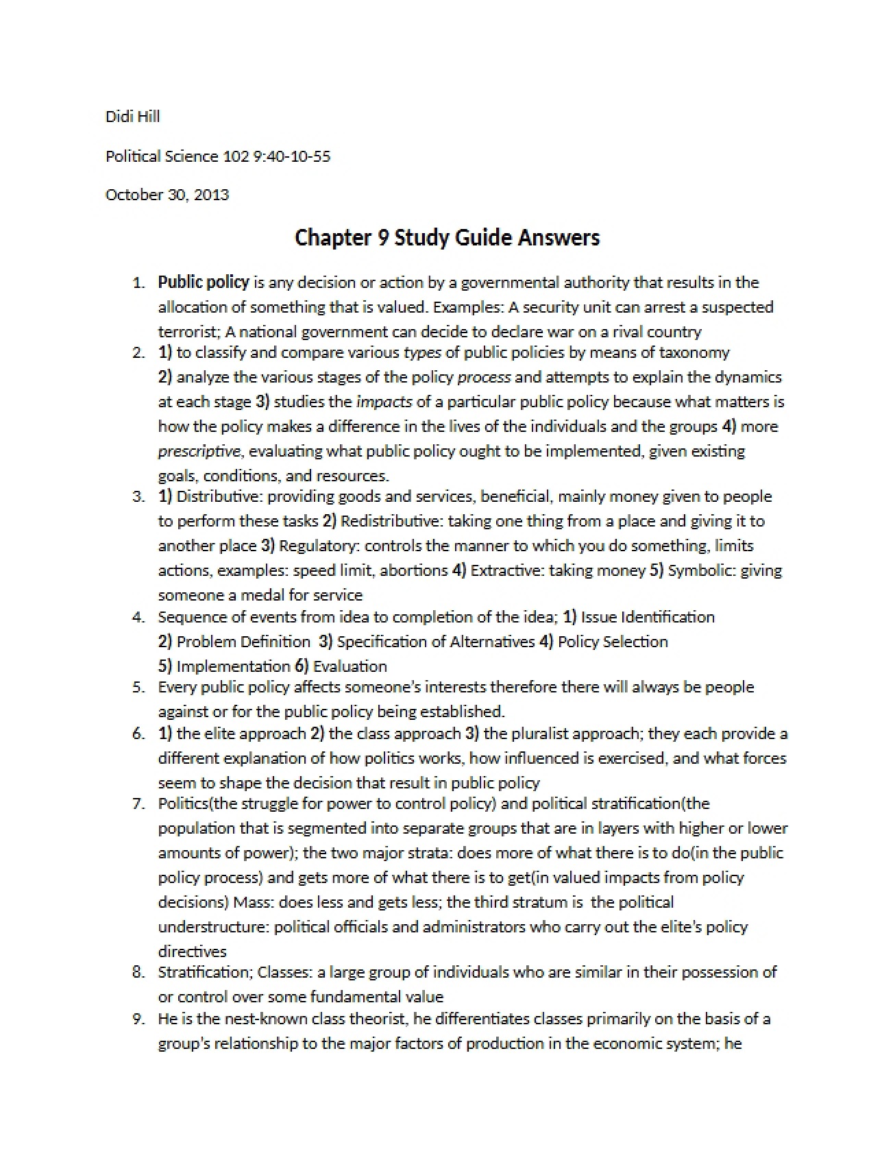 Solutions for Chapter Nine Study Guide