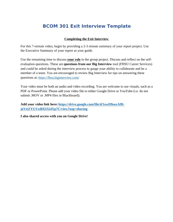 Exit Interview Template for BCOM 301