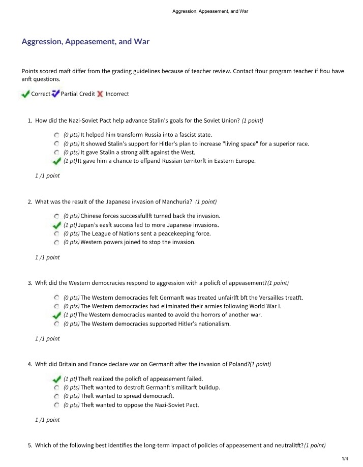 Quiz Answers - Aggression, Appeasement, and War