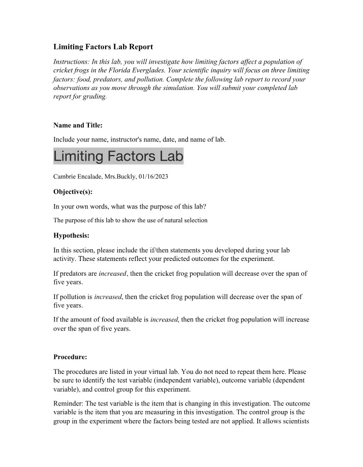 Lab Report on Limiting Factors