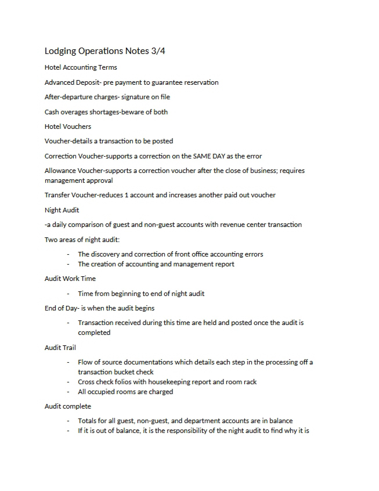 Terms in Hotel Accounting