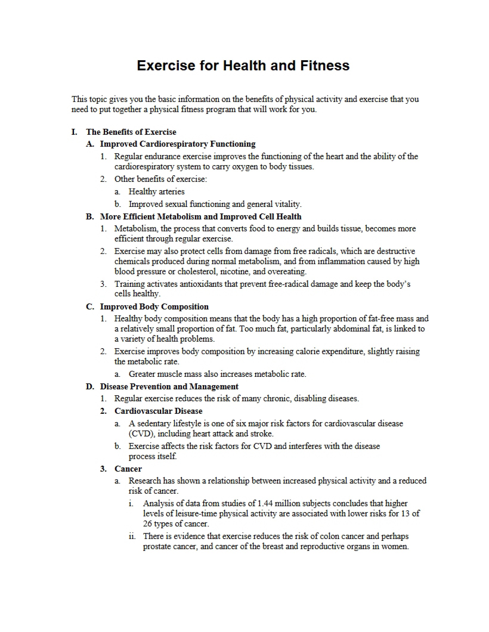 Health and Fitness Exercise Outline