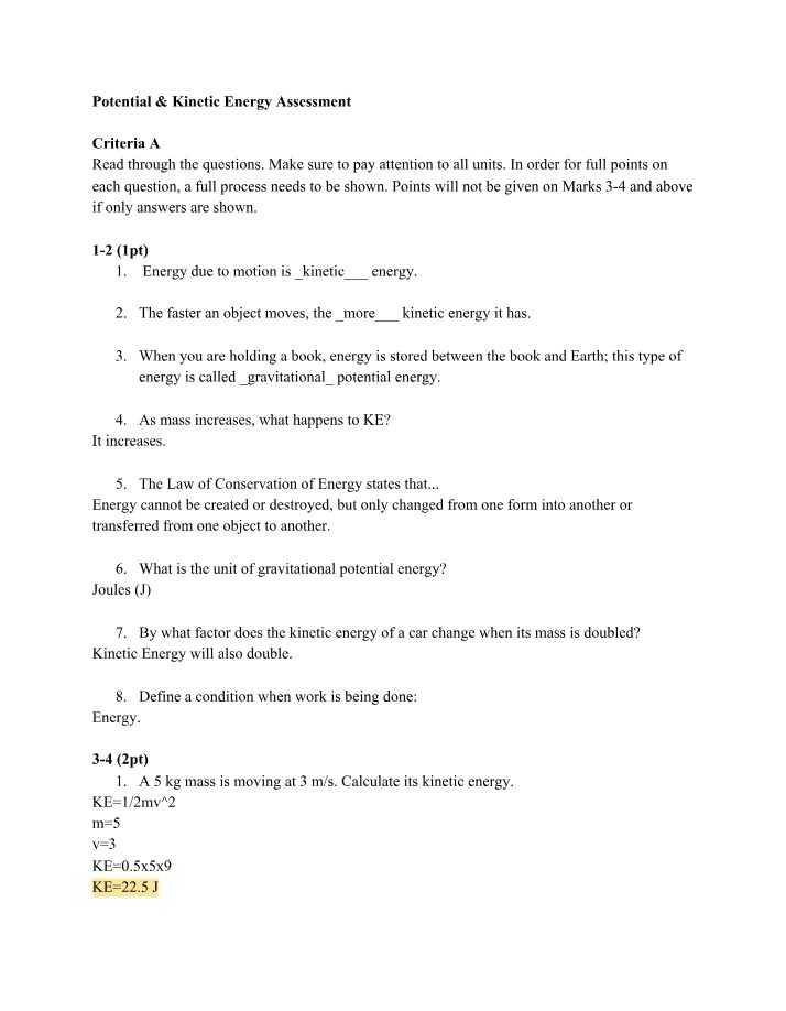 Potential and Kinetic Energy - Concepts and Equations