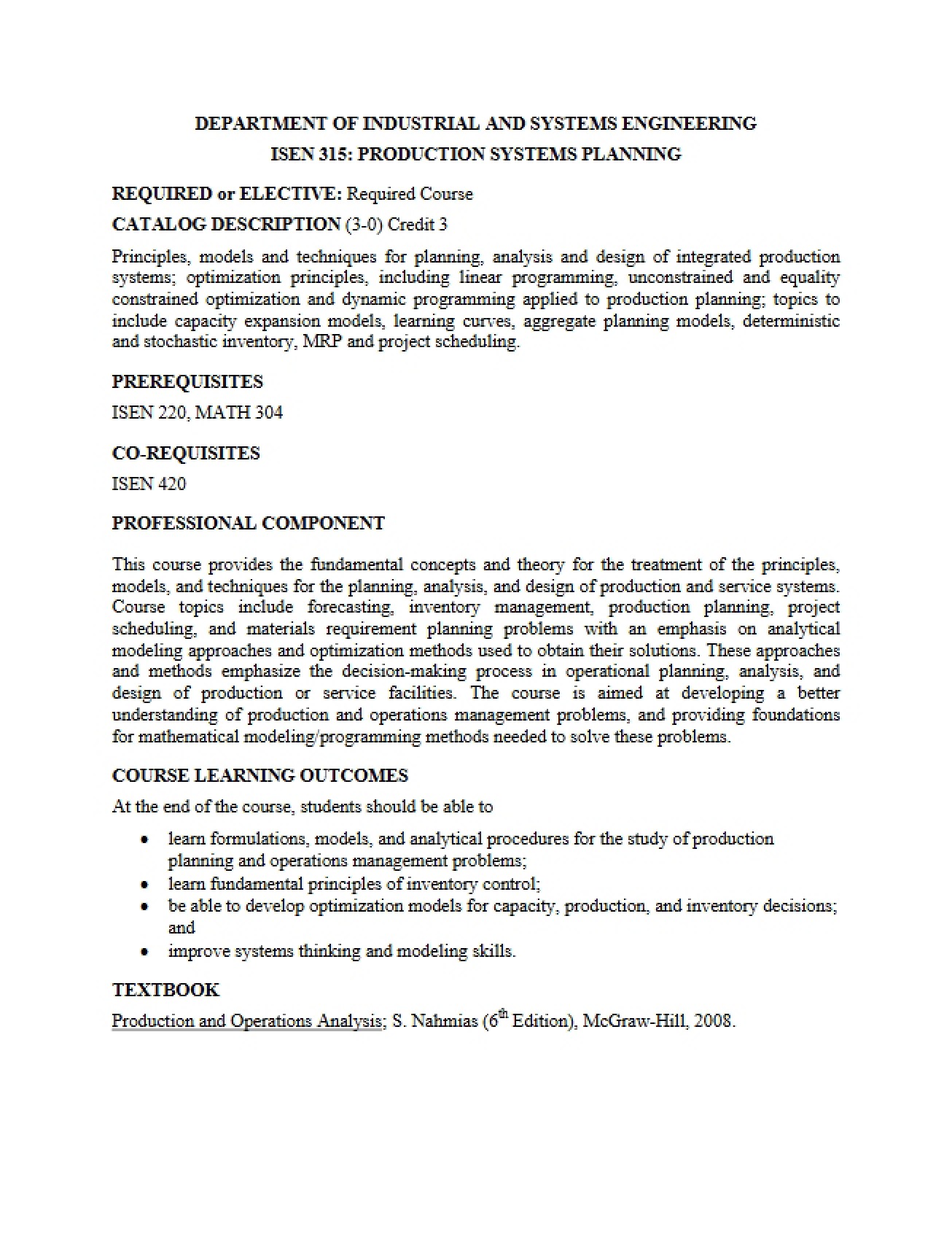 ISEN 315 Course Syllabus