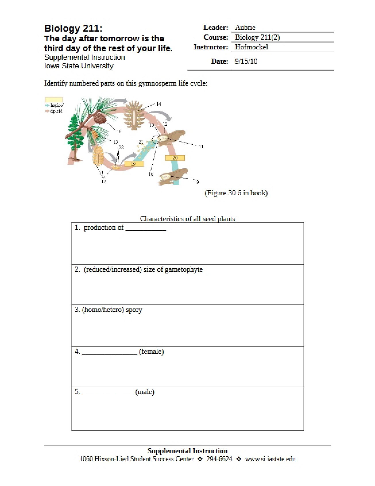 Sixth Worksheet for Principles of Biology I